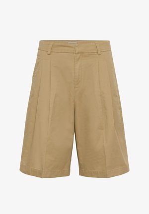 Shorts plissés kaki en coton, avec un devant plat, des poches latérales et une coupe droite avec un ourlet net.