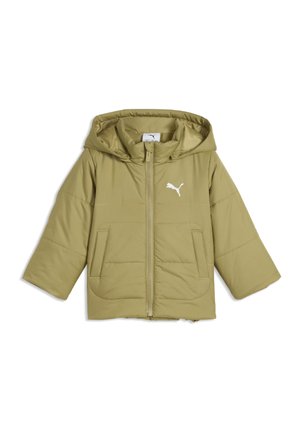 Olivgrüne wattierte Jacke mit Kapuze, Frontreißverschluss, zwei Taschen und weißem Puma-Logo auf der linken Brust.