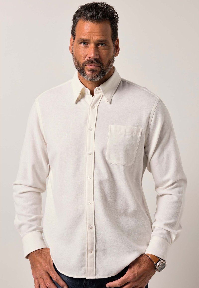 Witte overhemd met lange mouwen, knoopsluiting, met een borstzak, gemaakt van gestructureerde stof. Gestyled met een subtiele kraag en manchetaccenten.