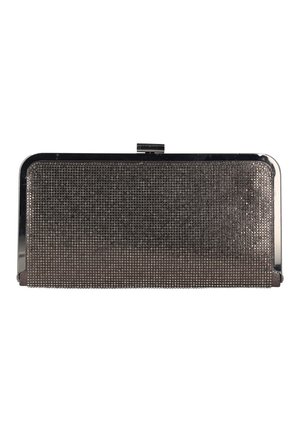 Prostokątny metaliczny wieczorowy kopertówka z małymi okrągłymi ćwiekami, srebrną ramą i zapięciem na górze.