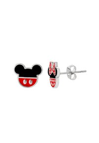 Orecchini a perno in argento con testa di Topolino nera e rossa e design di Minnie Mouse con pois e accenti a fiocco.
