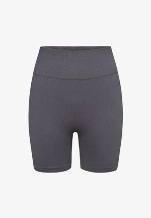 Gray, stretchy athletic shorts with a high waistband, smooth texture, and hemmed cuffs, designed for comfort and mobility.
