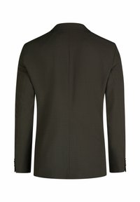 Donkergroene blazer van een gestructureerde stof. Heeft een gekarteld revers en een enkele split aan de achterkant. Bevat knopen op de mouwen.