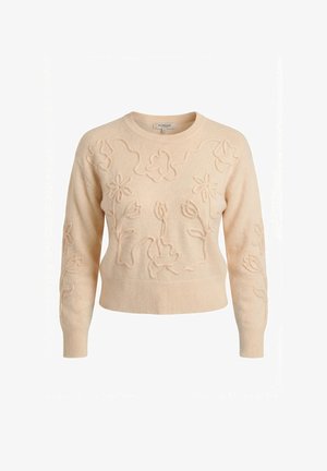 Pull en maille beige avec broderie florale en relief sur le devant et les manches, poignets et ourlet côtelés, et un col rond.