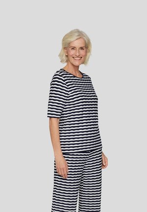 Striped cotton outfit featuring a navy and white color scheme, with short sleeves and a relaxed fit top paired with wide-leg pants.