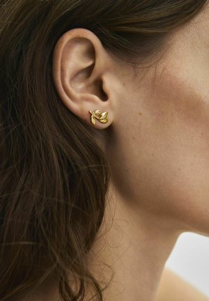 Ohrstecker in Form eines Goldblattes, getragen am linken Ohr einer Person mit braunem Haar und heller Haut.