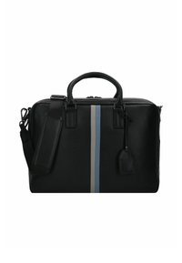 Zwarte leren tas met een gladde textuur, voorzien van een centrale blauwe en grijze streep, dubbele handvatten en een afneembare schouderband.