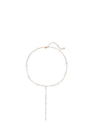 Delicate gold chain necklace with evenly spaced white pearls and a vertical strand of pearls hanging in the center.