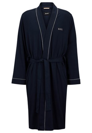Accappatoio blu navy realizzato in tessuto morbido. Presenta maniche lunghe, una cintura in vita e piping grigio chiaro lungo i bordi. Include il logo sul petto.