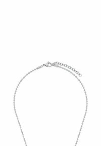 Collar de cadena de plata con pequeñas cuentas esféricas, un cierre de langosta y una extensión de cadena ajustable para longitudes variables.