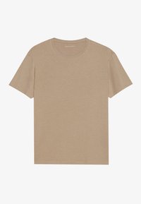 Beige T-Shirt aus weicher Baumwolle mit kurzen Ärmeln, rundem Hals und lockerer Passform. Keine sichtbaren Muster oder Hardware-Details.
