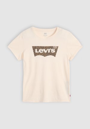 Krémszínű pamut póló rövid ujjal, az elején leopárd mintás Levi's logóval. Az anyag simának és puhának tűnik.