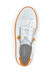 White leather sneaker with orange sole and accents. Features rounded toe, lace-up front, and silver side zipper details. Gabor branding inside.