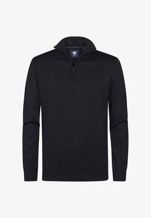 Zwarte sweatvest met ritssluiting op de nek, gemaakt van een zachte stof. Kenmerkt zich door lange mouwen, een staande kraag en een subtiele textuurafwerking.