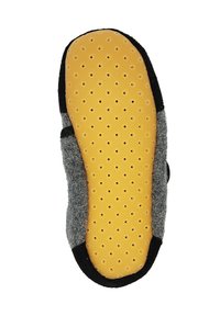 Grijs textiel bovenwerk met zwarte accenten, gele rubberen zool met perforaties en een gevoerd ontwerp voor comfort. Vlakke, ronde vorm.