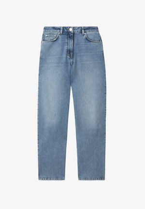 Pantaloni in denim azzurro chiaro con design a gamba dritta, cinque tasche e chiusura frontale con bottone e zip. Texture liscia, stile casual.