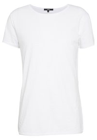 Bílý krátký rukáv tričko vyrobené z měkké tkaniny, s kulatým výstřihem a uvolněným střihem, bez viditelných vzorů nebo ozdob.