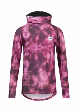 Langarmshirt in een tie-dye patroon met tinten roze en paars. Heeft een hoge, gevouwen kraag en duimgaten bij de manchetten.
