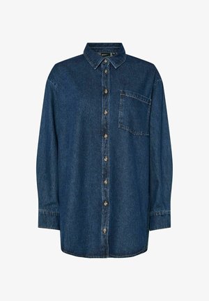Tumed denimist nööpidega särk, millel on klassikaline krae, pikad varrukad, plaastri tasku ja kontrastsed õmblused nööpide juures.