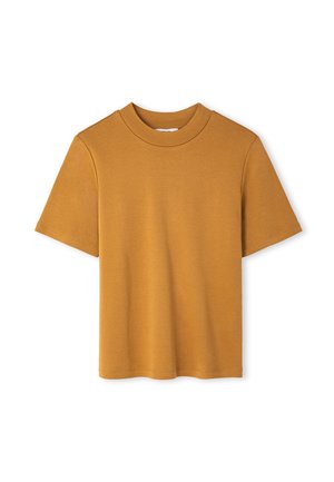 Mustard yellow short-sleeve cotton t-shirt with crew neckline, displayed flat on a white background.
