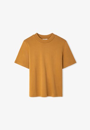 Mustard yellow short-sleeve cotton t-shirt with crew neckline, displayed flat on a white background.