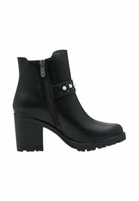 Black ankle boots with a shiny leather finish, side zipper, and textured tab adorned with studs and pearls. Block heel for stability.