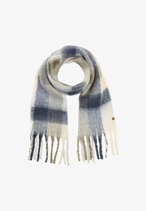 Miękki wełniany szalik w niebiesko-szaro-białą kratkę, z frędzlami wiszącymi na końcach.
