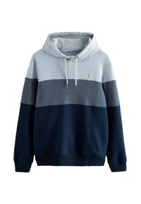 Sweat à capuche avec blocs de couleur en gris clair, gris moyen et bleu marine foncé, avec cordons et poignets et ourlet côtelés.