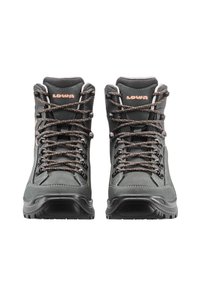 Donkergrijze wandelschoenen met een gestructureerd leren bovenwerk en mesh, versterkte neus, metalen veterogen en oranje accenten op de veters en het logo.