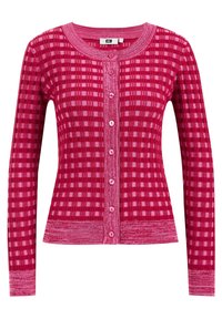 Tajmad rosa cardigan med rutmönster, rund halsringning och sexknappslåsning. Ribbad fåll och ärmslut med en texturerad finish.