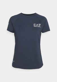 Marineblauwe sport T-shirt met korte raglanmouwen, logo gedrukt op de borst en een soepele, lichte stof.