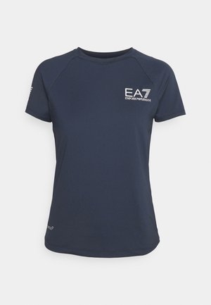 Marineblauwe sport T-shirt met korte raglanmouwen, logo gedrukt op de borst en een soepele, lichte stof.