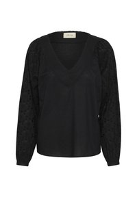 Schwarze Bluse mit V-Ausschnitt, einfarbigem Vorderteil und strukturierten schwarzen Puffärmeln mit bestickten Punktemustern. Weicher Stoff mit entspanntem Schnitt.