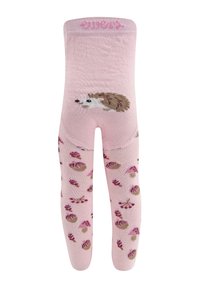 R�óżowe rajstopy z grafiką jeża z tyłu, z rozproszonymi wzorami grzybów i liści w stonowanych kolorach na całej powierzchni.