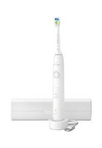 Brosse à dents électrique sonique blanche avec une tête de brosse bleu et vert, station de chargement et étui de voyage blanc. Câble USB inclus.