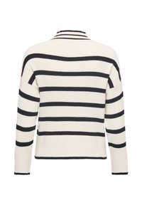 Crèmekleurige trui met navyblauwe horizontale strepen, geribbelde textuur, lange mouwen en een ronde halslijn. Heeft een cropped ontwerp.