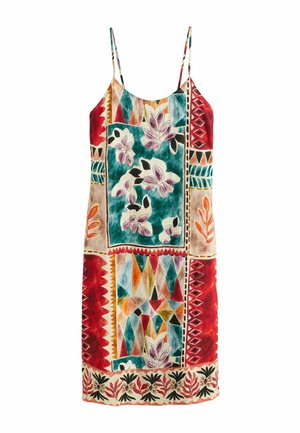 Floral-printed sleeveless dress featuring a mix of vibrant colors, geometric patterns, and a boat neckline. Made of lightweight fabric.