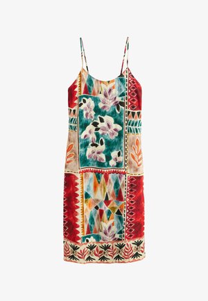 Virágmintás ujjatlan ruha, élénk színek keverékével, geometriai mintákkal és csónaknyakívvel. Könnyű anyagból készült.