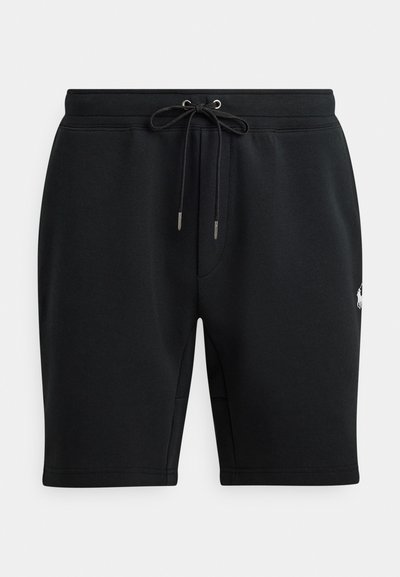 Black sweatshorts made of soft fabric, featuring a drawstring waistband with metal tips and a small logo on the leg. Smooth texture, designed for comfort.