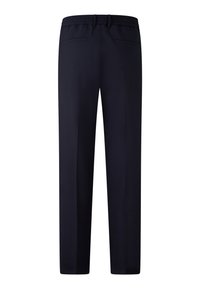 Pantalon marine à coupe décontractée, taille élastique, deux poches arrière et coutures nettes. Le tissu semble lisse et léger.