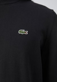 Sort strikket sweater med høj hals og et lille broderet krokodillelogo i grønt og rødt på venstre bryst. Blød tekstur.