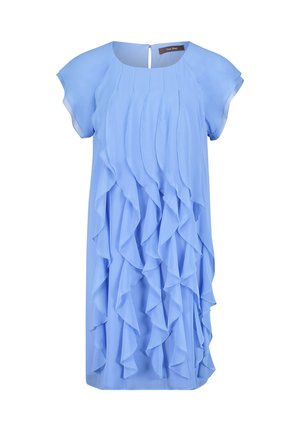 Robe bleu clair en tissu doux, avec des volants superposés à l'avant, des manches courtes et une ouverture en goutte d'eau dans le dos.