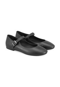 Schwarze Leder-Ballettschuhe mit abgerundeter Zehenpartie und einem schmalen Riemen mit einer silbernen Schnalle. Glatte Textur, minimalistisches Design, flache Sohle.