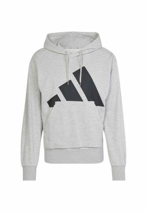 Grå hoodie med et stort sort grafisk design i form af tre diagonale striber. Har en kængurulomme og ribbede manchetter og nederkant.