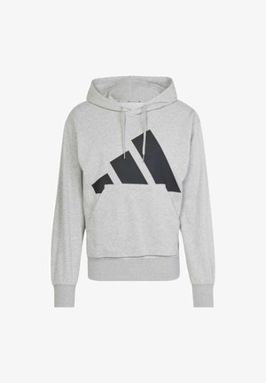 Grijze hoodie met een grote zwarte grafische afbeelding in de vorm van drie diagonale strepen. Heeft een kangoeroezak en ribbenboord aan de mouwen en onderkant.