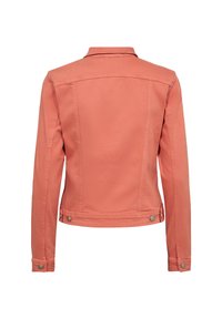 Korallfärgad jeansjacka med långa ärmar, krage och knappdetaljer. Har en strukturerad design och sömdetaljer på bakstycket.