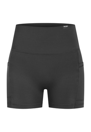 Černé, vysoko pasové sportovní šortky z hladkého a elastického materiálu. Mají boční kapsy a ploché švy pro pohodlí a štíhlý vzhled.