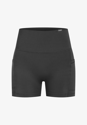 Shorts de sport noirs à taille haute, en tissu lisse et extensible. Dotés de poches latérales et de coutures plates pour un confort optimal et un ajustement élégant.