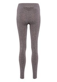 Szare bezszwowe legginsy z wysokim stanem, z teksturowanym, oddychającym trójkątnym wzorem na górnej części pleców, dopasowany fason o pełnej długości.