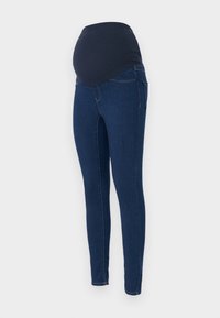 Jeans de maternité en denim bleu foncé, avec une taille élastique foncée et un design slim avec poches.